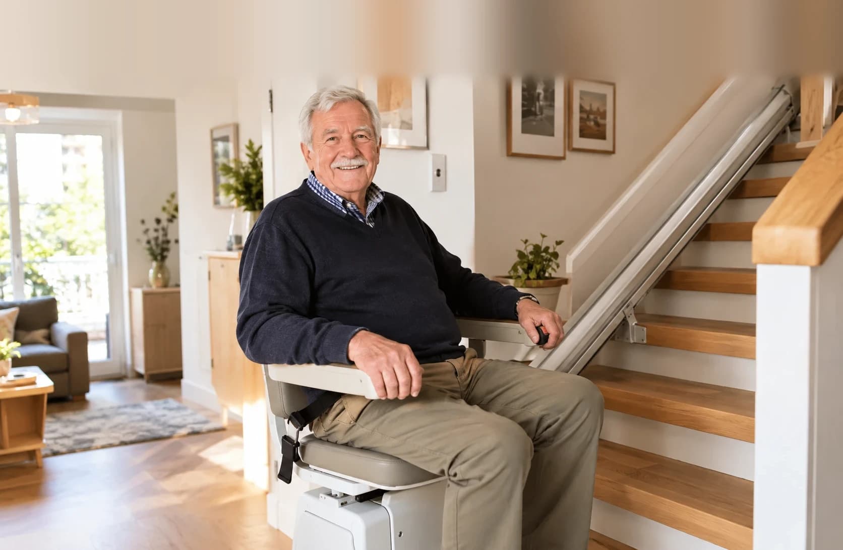 Älterer Mann sitzt lächelnd auf einem Treppenlift in einem hellen Wohnhaus (Illustration)